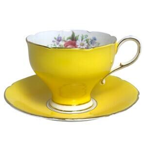 Paragon England Double Warrant Yellow Bone China Floral Gold Teacup and Saucer